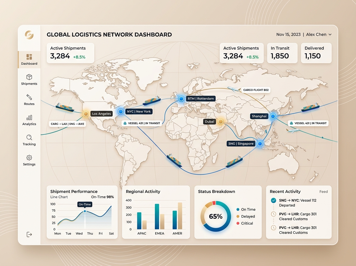 Pastel world map showing ships, freight routes, regional activity, and shipment performance