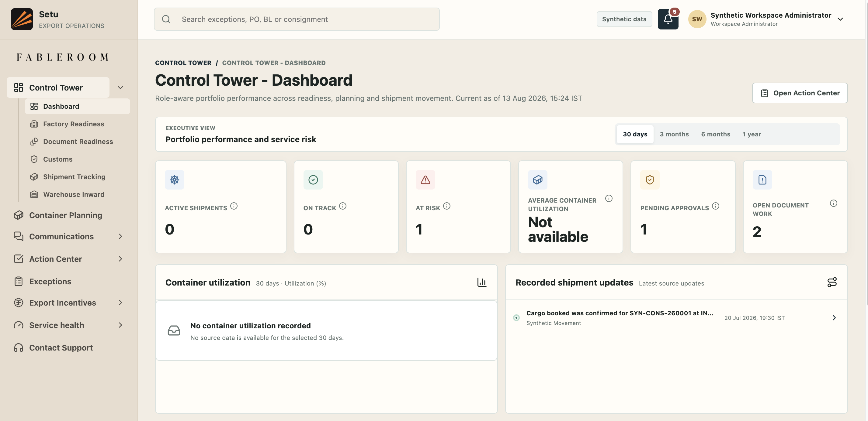 Riviq Setu Control Tower showing export movements, deadlines, exceptions, and accountable actions